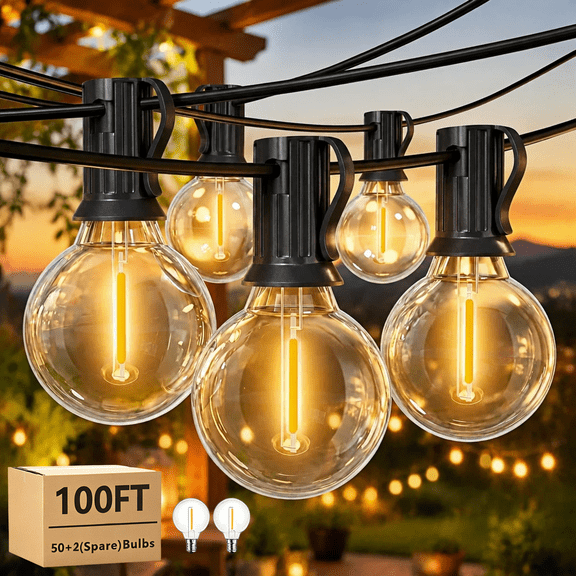 LEACUBER Led Lights, 100ft Outdoor String Light with 52 G40 Shatterproof Bulbs(2 Spares), Waterproof Hanging Lights for Patio Garden Porch Gazebo Bistro Cafe Backyard