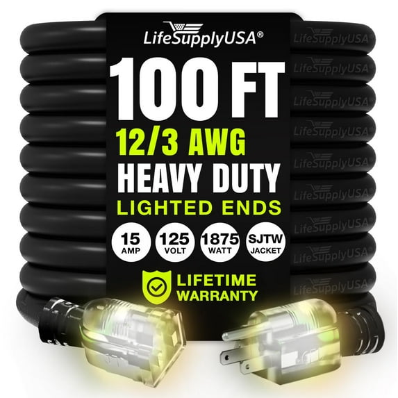 100ft Outdoor/Indoor Extension Cord 10/3 Gauge Ultra Heavy Duty 3 Prong SJTW, Waterproof, Flexible Cold-Resistant Long Power Cord,125 Amp 1875W, Black by LifeSupplyUSA