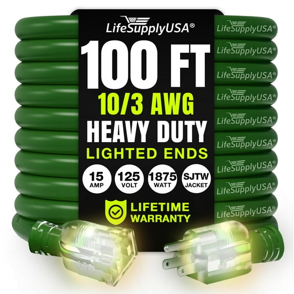 100ft Outdoor/Indoor Extension Cord 10/3 Gauge Ultra Heavy Duty 3 Prong SJTW, Waterproof, Flexible Cold-Resistant Long Power Cord,125 Amp 1875W, Green by LifeSupplyUSA