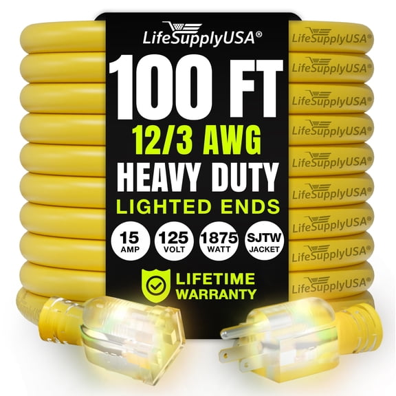 100ft Outdoor/Indoor Extension Cord 12/3 Gauge Extra Heavy Duty 3 Prong SJTW, Waterproof, Flexible Cold-Resistant Long Power Cord,125 Amp 1875W, Yellow by LifeSupplyUSA