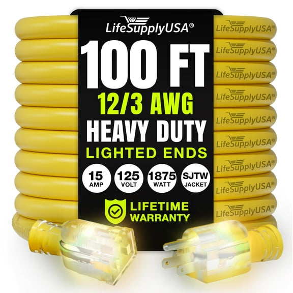 100ft Outdoor/Indoor Extension Cord 12/3 Gauge Extra Heavy Duty 3 Prong SJTW, Waterproof, Flexible Cold-Resistant Long Power Cord,125 Amp 1875W, Yellow by LifeSupplyUSA