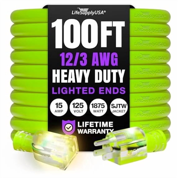 100ft Outdoor/Indoor Extension Cord 12/3 Gauge Extra Heavy Duty 3 Prong SJTW, Waterproof, Flexible Cold-Resistant Long Power Cord,15A 125V 1875W, Neon Green by LifeSupplyUSA
