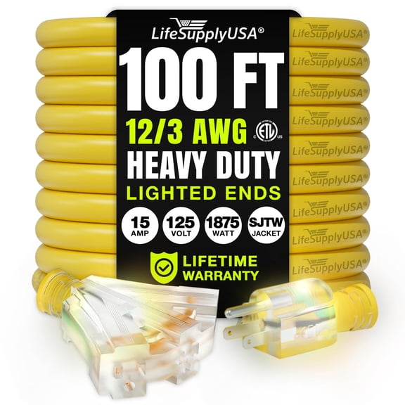 100ft Outdoor/Indoor Extension Cord 3-Outlet 12/3 Gauge Extra Heavy Duty ETL Listed, 3 Prong SJTW, Waterproof, Flexible Cold-Resistant Long Power Cord,125 Amp 1875W, Yellow by LifeSupplyUSA