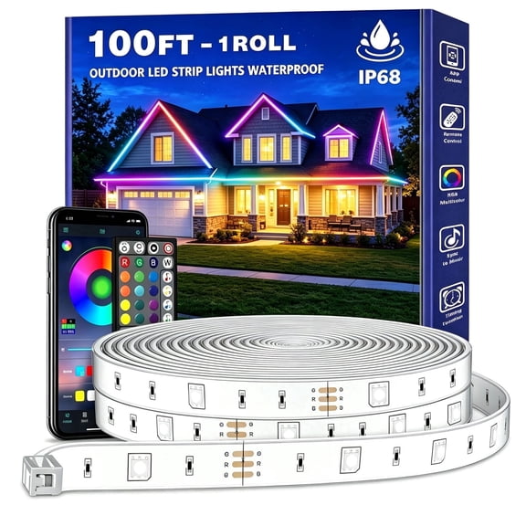 100ft Outdoor LED Strip Lights Waterproof IP67,RGB Led Light Strips with Remote Control and Music Sync Mains Powered for Outside Garden House Pool Roof Lawn Decor