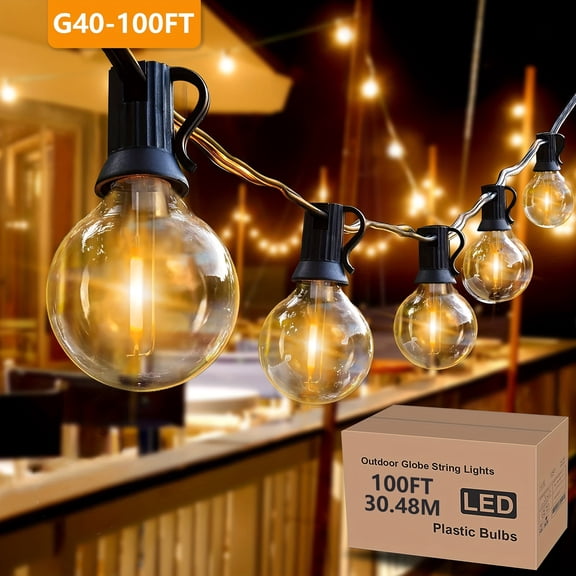 100ft Outdoor String Lights, Shatterproof Globe LED Patio Lights with 51pcs Bulbs, Outdoor Hanging String G40 Light for Bistro, Cafe, Parties, Restaurants, E12 Black, Connectable, for Business