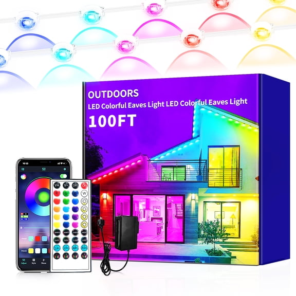 100ft Permanent Outdoor Lights for House 30 Lights Plug-in RGB Color Changing App Remote Control IP67 Waterproof LED Eaves String Light for Party Patio Christmas & Halloween Decor