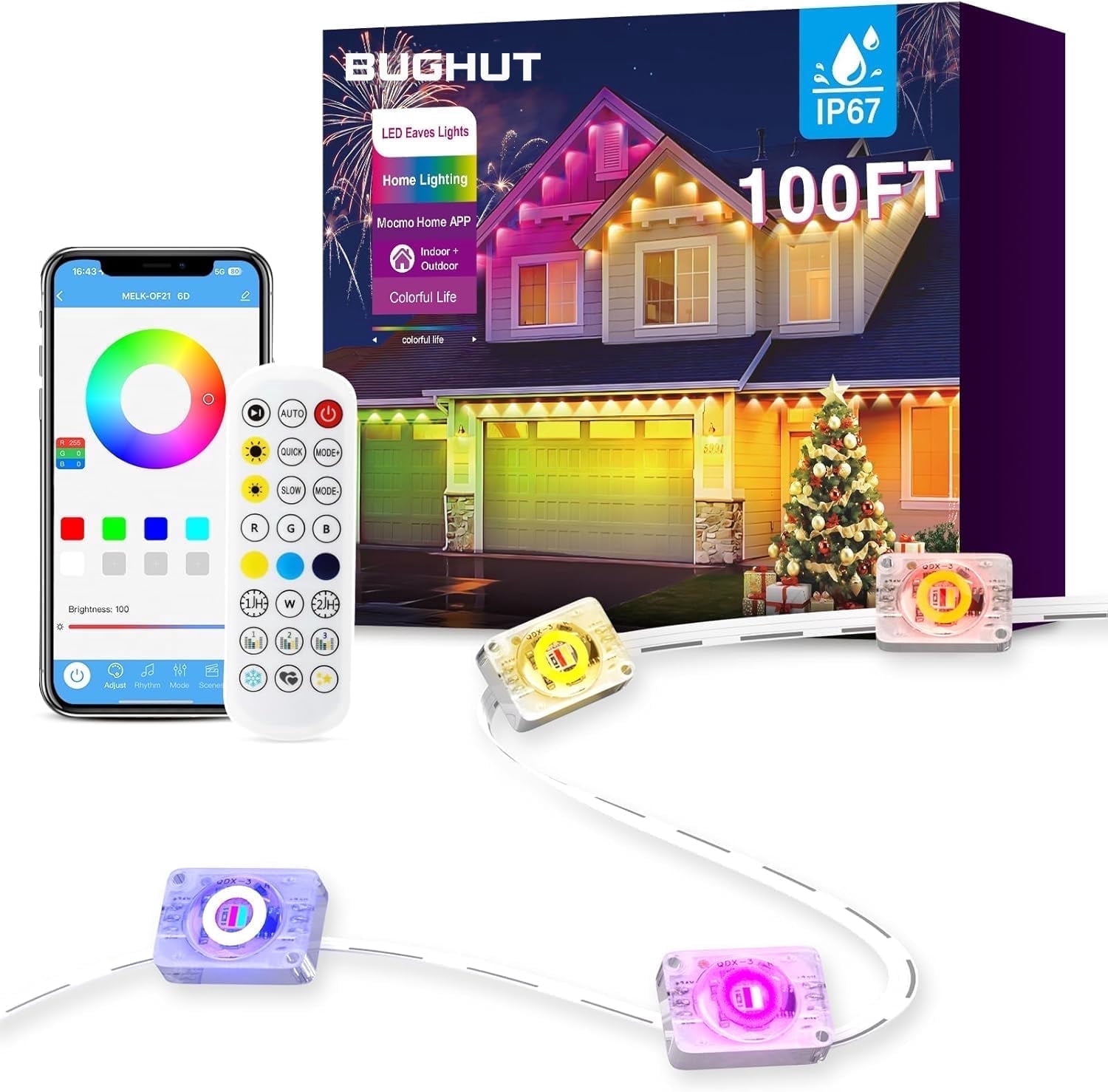 100ft Permanent Outdoor Lights, RGB+IC Eaves Lights with 60 LED Lights,App Control Remote,IP67 Waterproof Outside String Light for Christmas, Holiday Decor, House Roof Eternity Lighting