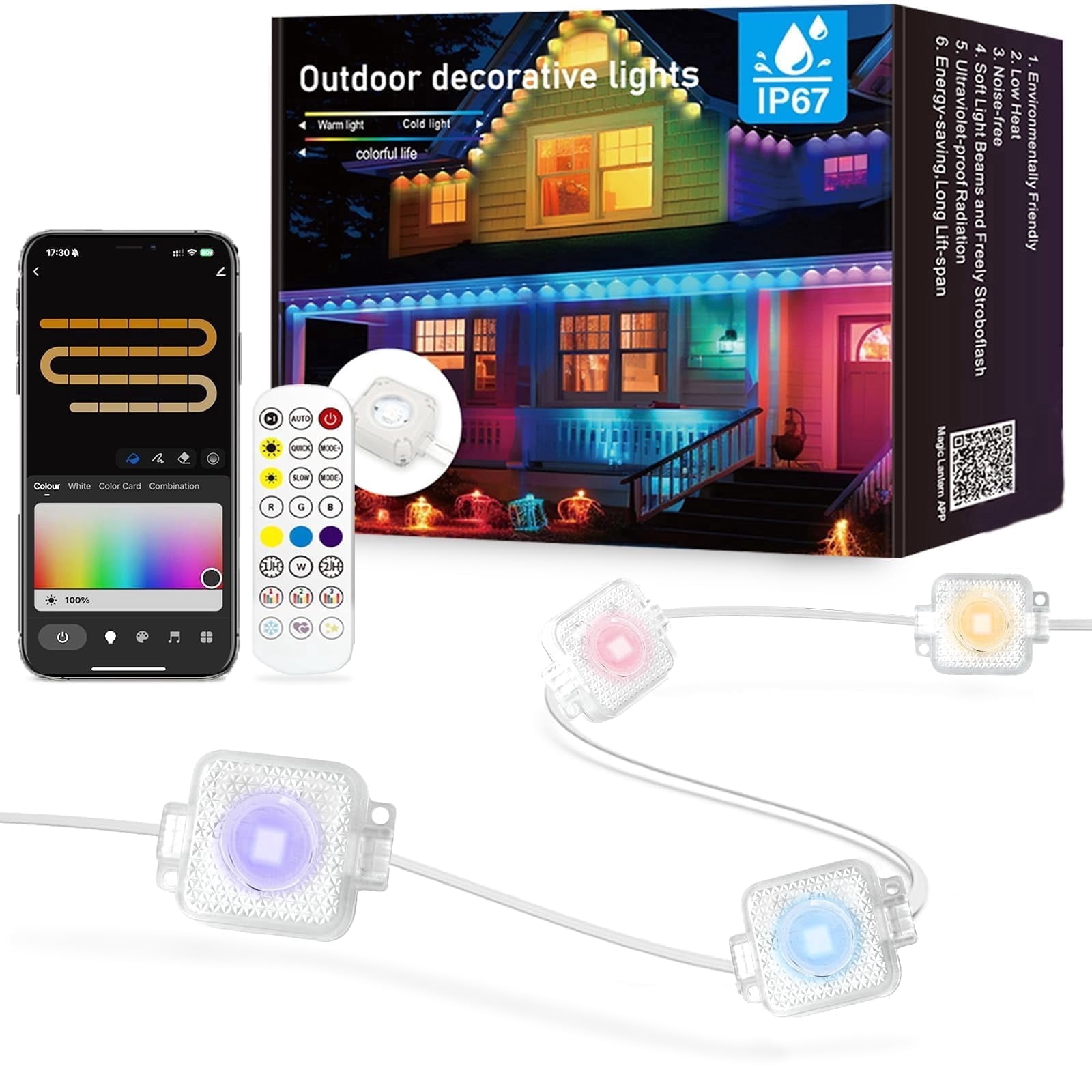 100ft Permanent Outdoor RGB Strings Lights , LED Eaves Decorative Light, RGB Rope Light, Support IP67 Waterproof, App and Remote Control for Eaves, Stairs, Courtyard, Lawn, Exterior Wall Decoration