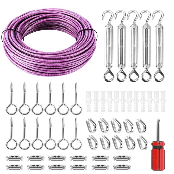 100ft Pink PVC Coated Stainless Steel Wire Rope Kit with Turnbuckles