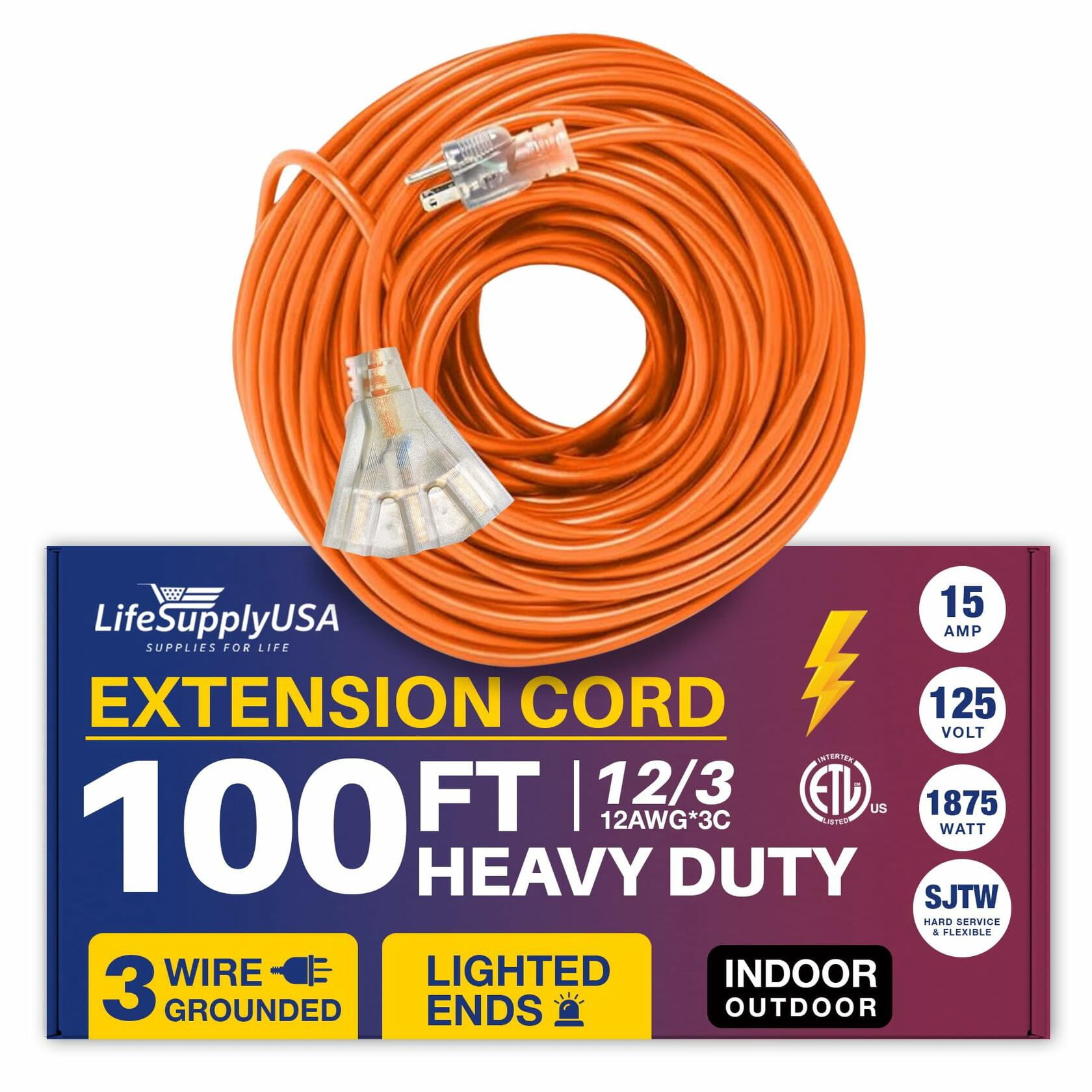 100ft Outdoor/Indoor Extension Cord 3-Outlet 12/3 Gauge Extra Heavy Duty ETL Listed, 3 Prong SJTW, Waterproof, Flexible Cold-Resistant Long Power Cord,125 Amp 1875W, Orange by LifeSupplyUSA