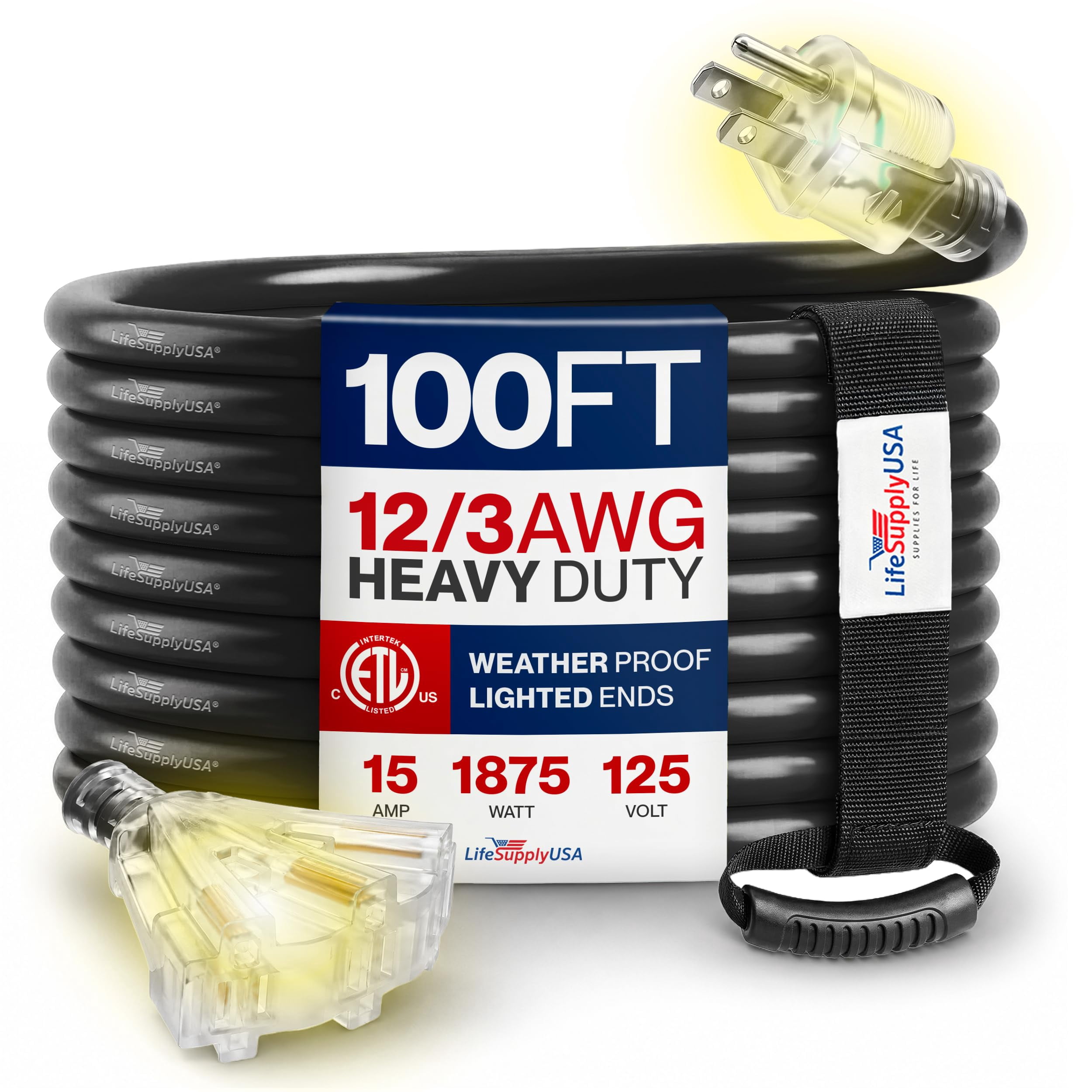 100ft Outdoor/Indoor Extension Cord 3-Outlet 12/3 Gauge Extra Heavy Duty ETL Listed, 3 Prong SJTW, Waterproof, Flexible Cold-Resistant Long Power Cord,125 Amp 1875W, Black by LifeSupplyUSA