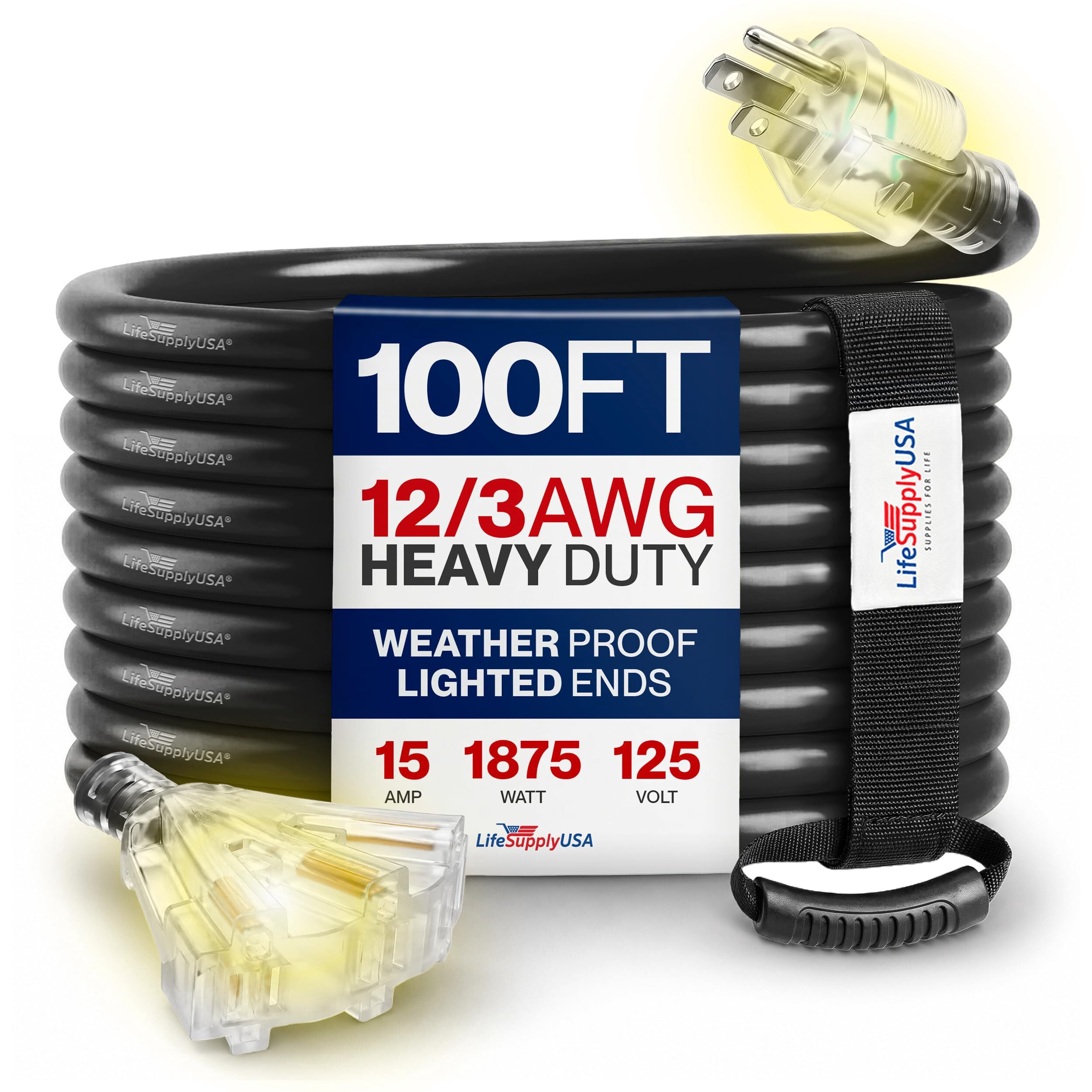 100ft Outdoor/Indoor Extension Cord 3-Outlet 12/3 Gauge Extra Heavy Duty 3 Prong SJTW, Waterproof, Flexible Cold-Resistant Long Power Cord,15A 125V 1875W, Black by LifeSupplyUSA