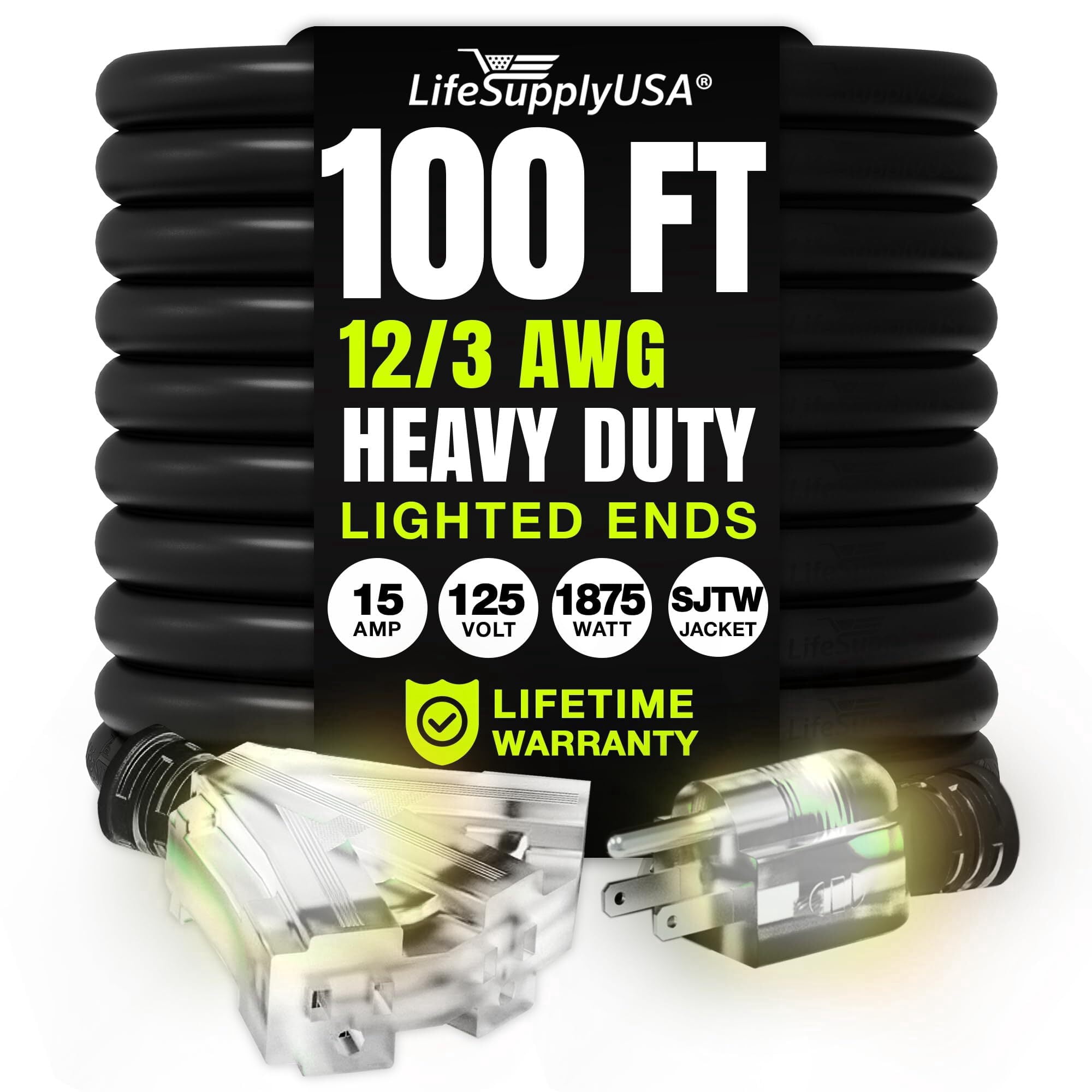 LifeSupplyUSA 100FT Black Extension Cord 12/3 Gauge, Heavy Duty 3 Prong Power Cord, 3-Outlet, Waterproof, Flexible, SJTW, 15A 125V 1875W - For Indoor/Outdoor
