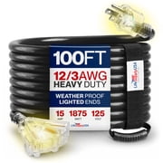 LifeSupplyUSA 100FT Black Extension Cord 12/3 Gauge, Heavy Duty 3 Prong Power Cord, 3-Outlet, Waterproof, Flexible, SJTW, 15A 125V 1875W - For Indoor/Outdoor
