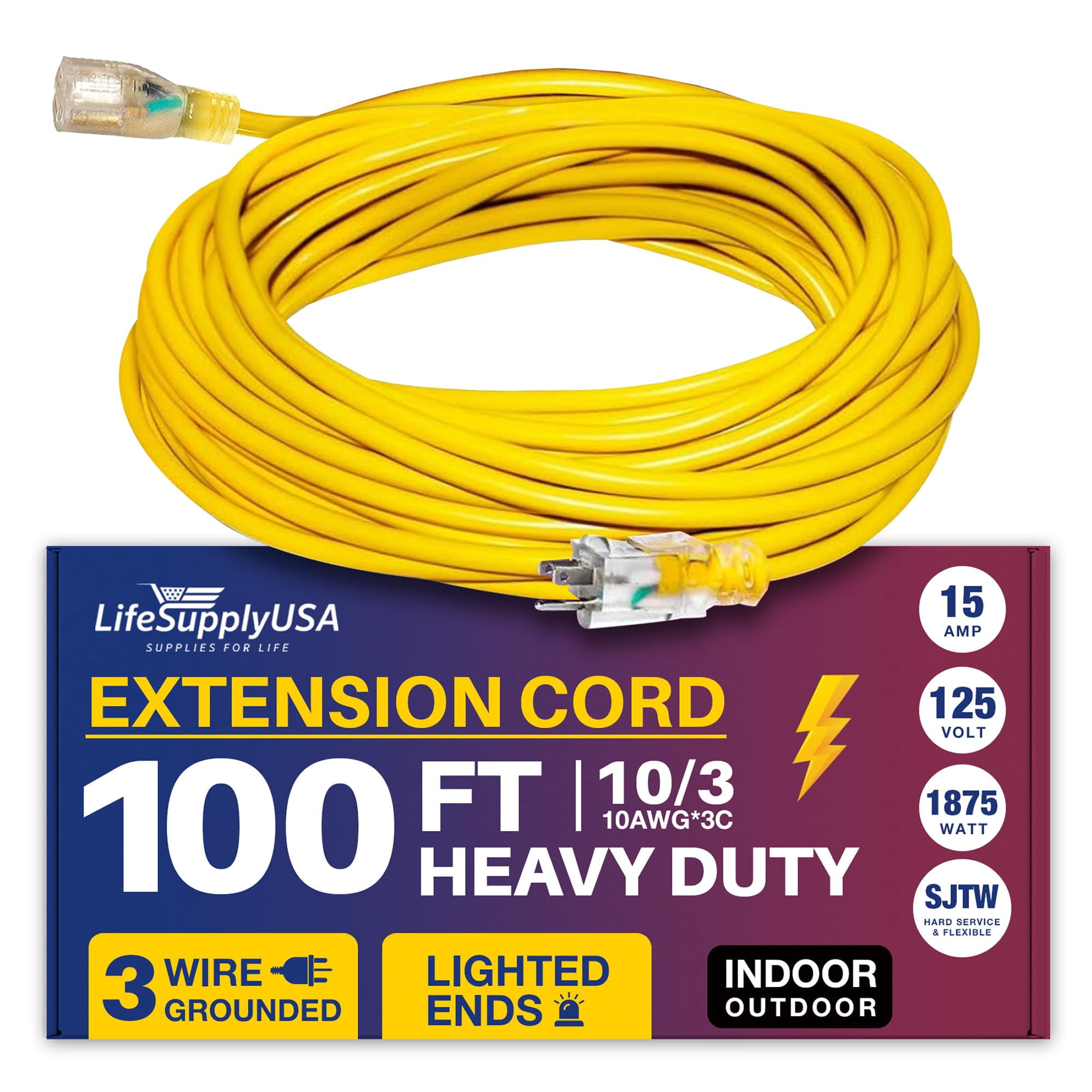 100ft Outdoor/Indoor Extension Cord 10/3 Gauge Ultra Heavy Duty 3 Prong SJTW, Waterproof, Flexible Cold-Resistant Long Power Cord,15A 125V 1875W, Yellow by LifeSupplyUSA