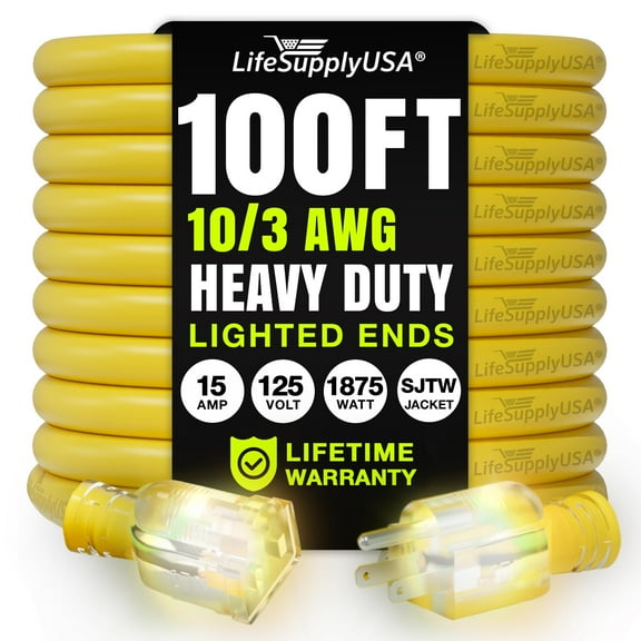 100ft Outdoor/Indoor Extension Cord 10/3 Gauge Ultra Heavy Duty 3 Prong SJTW, Waterproof, Flexible Cold-Resistant Long Power Cord,125 Amp 1875W, Yellow by LifeSupplyUSA