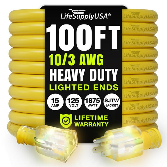 100ft Outdoor/Indoor Extension Cord 10/3 Gauge Ultra Heavy Duty 3 Prong SJTW, Waterproof, Flexible Cold-Resistant Long Power Cord,125 Amp 1875W, Yellow by LifeSupplyUSA