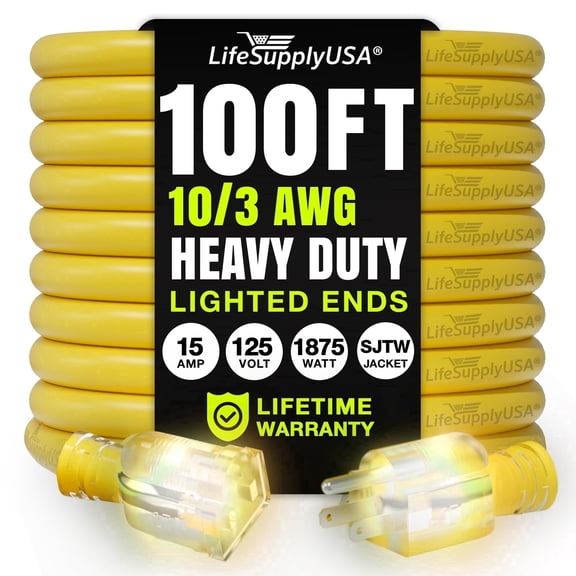 100ft Outdoor/Indoor Extension Cord 10/3 Gauge Ultra Heavy Duty 3 Prong SJTW, Waterproof, Flexible Cold-Resistant Long Power Cord,15A 125V 1875W, Yellow by LifeSupplyUSA
