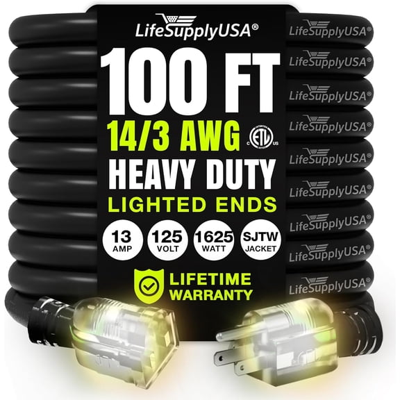 100ft Outdoor/Indoor Extension Cord 14/3 Gauge Heavy Duty 3 Prong SJTW, Waterproof, ETL Listed, Flexible Cold-Resistant Long Power Cord,125 Amp 1625W, Black by LifeSupplyUSA