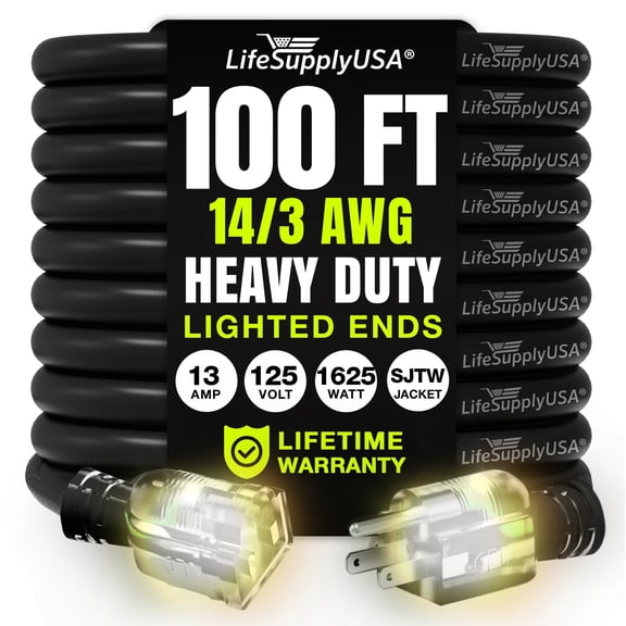 100ft Outdoor/Indoor Extension Cord 14/3 Gauge Heavy Duty 3 Prong SJTW, Waterproof, Flexible Cold-Resistant Long Power Cord,125 Amp 1625W, Black by LifeSupplyUSA