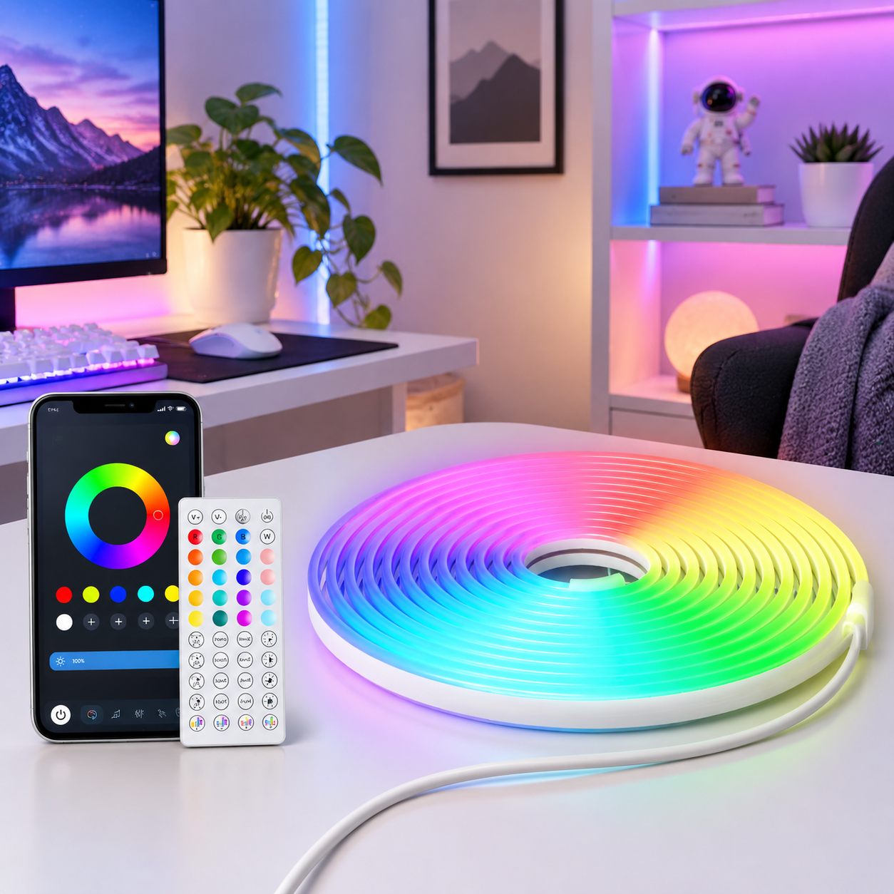 100ft RGB IP65 LED Neon Rope Light Strip with App and Remote Control ...