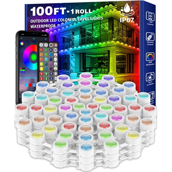 100ft RGB Permanent Outdoor Lights Waterproof IP67, Smart RGB+IC Eaves LED Lights with App & Button Control, 200+ Dynamic Scene Modes for House Roof, Garden, Christmas, Party Decor