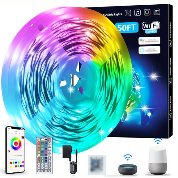 100ft Smart WiFi LED Strip Lights, Works with Alexa & Google Home, Voice Control, RGB Color Changing, Music Sync & Timer, for Bedroom Living Room Christmas Halloween Decor