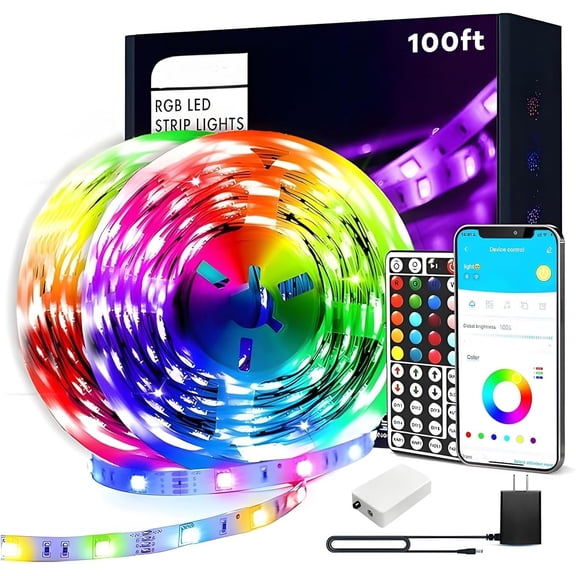 100ft Strip Lights for , Color Changing Light Strips Kit with 24 IR Remote and App Control, Music Sync Lighting for Room, Decor