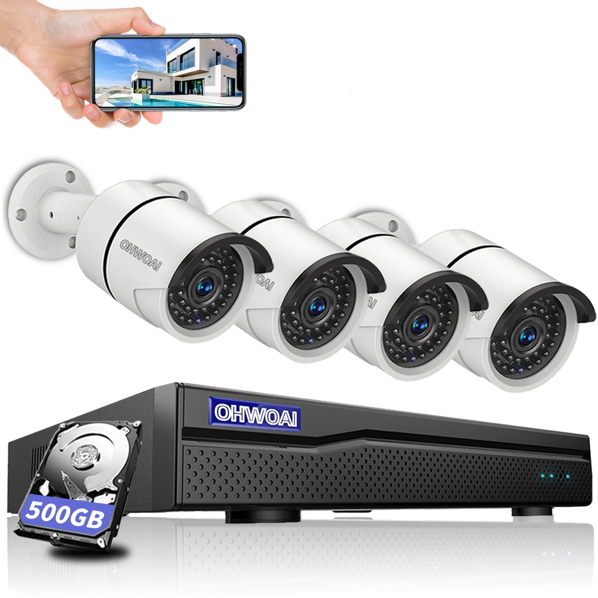 OHWOAI Wired Security Camera System 1080P, 4pcs Wired Home Security
