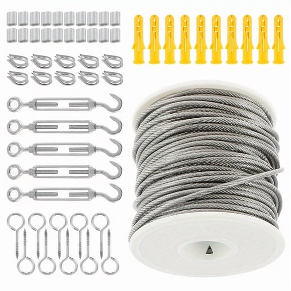 100ft Wire Rope Kit, Stainless Steel Aircraft Cable Vinyl Coated, Strand Cable Kit for Outdoor String Lights,Climbing Plants,Pictures,Clothes,Curtain Hanging