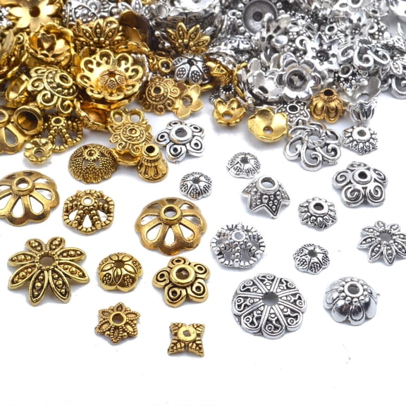 100g (200-350pcs) Mixed Metal Flower Bead Caps Spacer Beads Bali Style Jewelry Findings for DIY Crafting Jewelry Making, Antique Gold and Antique Silver