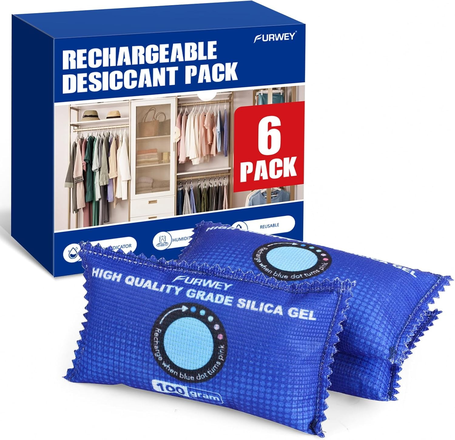 100g [ 6 Packs] Rechargeable Desiccant Packs for Storage, Color Indicating Silica Gel Packets, Moisture absorbers storage, Dehumidifier bag Closets