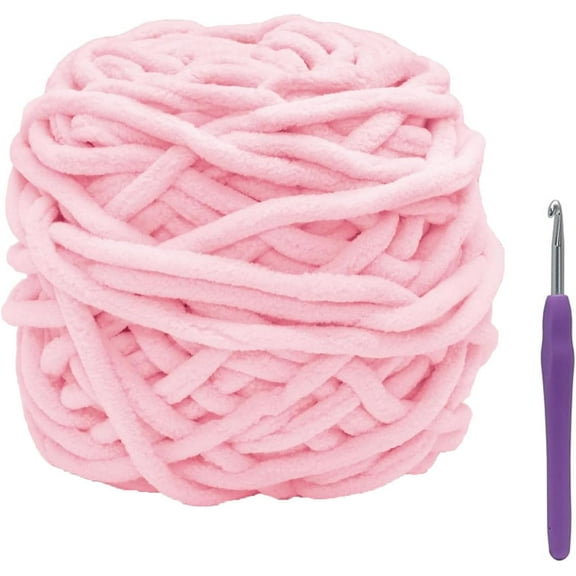 100g 65.6yd Chenille Chunky Yarn for Crocheting, Light Pink Soft Bulky Thick Fluffy Velvet Yarn for Knitting Blanket Crafts, with Plastic Small Pins & Crochet Hook