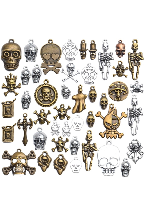 100g(About 30-50pcs) Skull Charms Accessory, Multistyle Skull Head Charm Skeleton Bone Pendant Steampunk Halloween Charms Pendants for DIY Necklace Bracelet Jewelry Making Findings