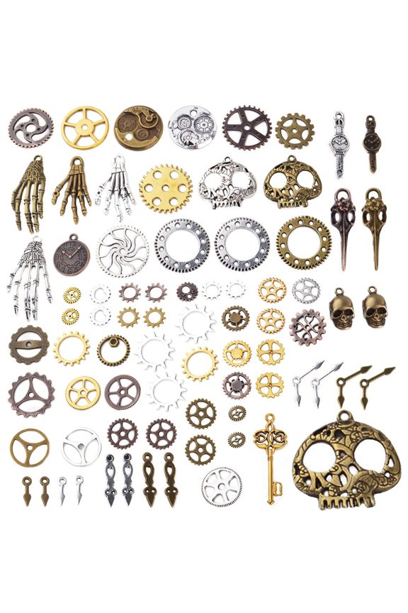 100g(Approx 76pcs) Assorted Colors Antique Metal Steampunk Clock Gear Cog Wheel Skull Key Skull Hand Safety Pin Charms for Craft Jewelry Making Accessory