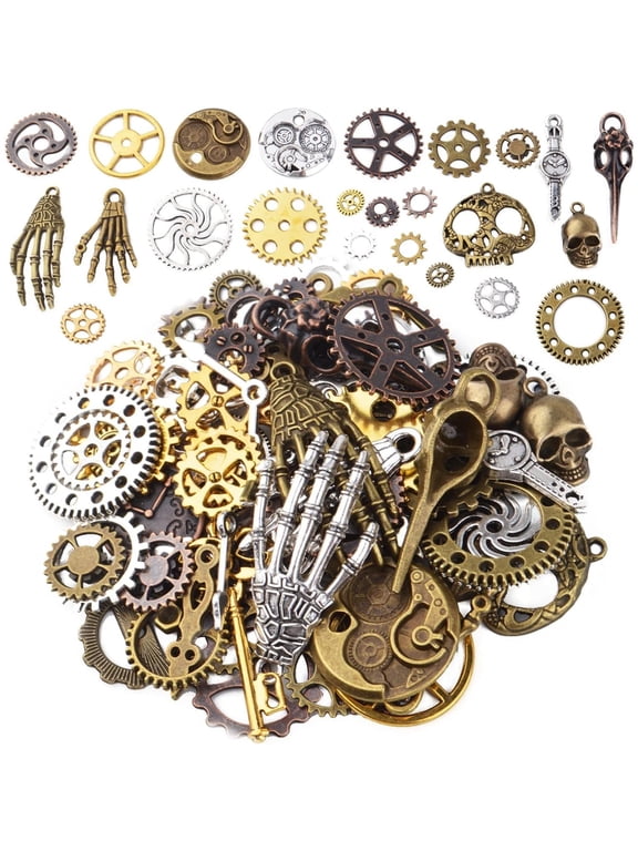 100g(Approx 76pcs) Assorted Colors Antique Metal Steampunk Clock Gear Cog Wheel Skull Key Skull Hand Safety Pin Charms Pendant Jewelry Charms for Craft Jewelry Making Accessory