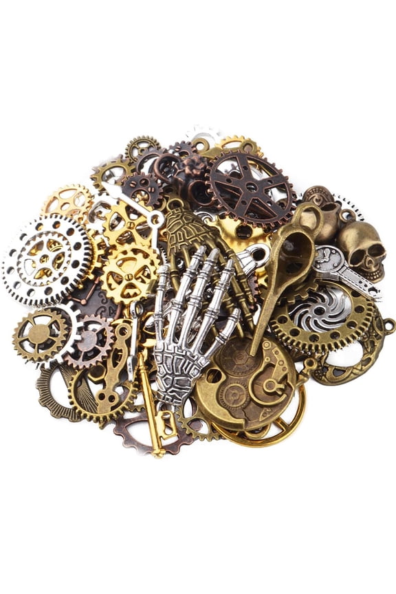 100g(Approx 76pcs) Assorted Colors Antique Metal Steampunk Clock Gear Cog Wheel Skull Key Skull Hand Safety Pin Charms Pendant Jewelry Charms for Craft Jewelry Making Accessory