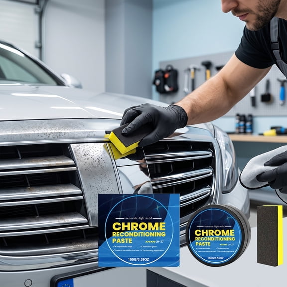 100g Car Metal Chrome Polish Maintenance Cream Kit with Sponge Scrubbers for Rust Removal, Oxidation Protection and Mirror Shine