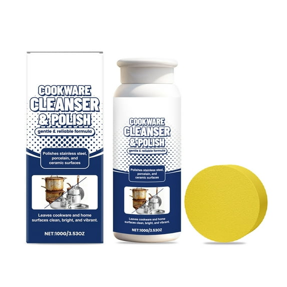 100g Cookware Cleaning and Polishing Powder Kit Deep Stain and Scale Remover for Pots, Pans, Sinks and Multi-Surfaces Non-Toxic, Odor- with Scouring Pads