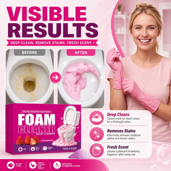 100g Foam Type Toilet Cleaner Powder, Strawberry Scent Pink Toilet Bowl Cleaning Powder, Foaming Stain Remover for Bathroom Toilet