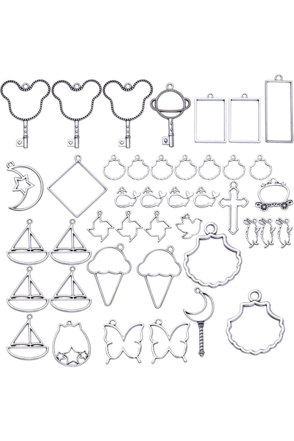100g Mixed Styles Bezel Charms Pendants Alloy Open Back Bezel Blanks Hollow Pressed Flower Frame Pendant Resin Molds for DIY Jewelry Crafts Making Necklace Earrings,  Antique Silver