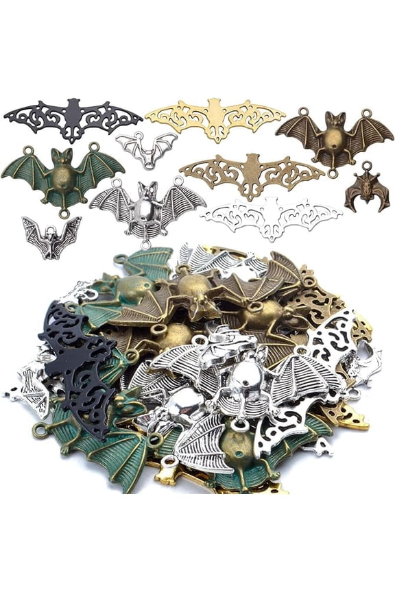 100g (about 30 pieces) Metal Alloy Bat Pendant Charm Mixed Halloween Flittermouse Flying Vampire Connector Charms for Jewelry Making Bracelet Necklace