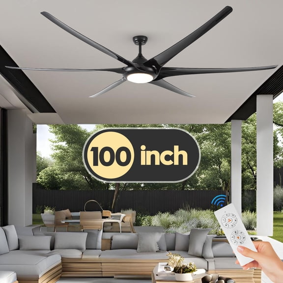 100in Large Ceiling Fan with Lights, Black Large Ceiling Fan Light, 6 Blade Outdoor Ceiling Fan Light for Patio Remote Control Ceiling Fans for Garage Gym Room Living Room Office Restaurant