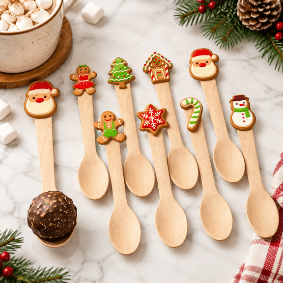 100mas Wooden Spoon Gingerbread Man Snowman Disposable Cocoa Coffee Xmas Sample Taster Spoons For Winter Tasting Cake Ice Cream Ho
