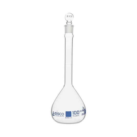 100ml ASTM Volumetric Flask w/ Glass Stopper - Class A - Blue Graduation - Eisco Labs