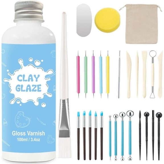 Air Dry Clay Glaze & 29pcs Pottery Tool Kit, 3.4 fl oz, Gloss Varnish for Scratch-Resistant Finish, Carving, Molding & Shaping Crafts