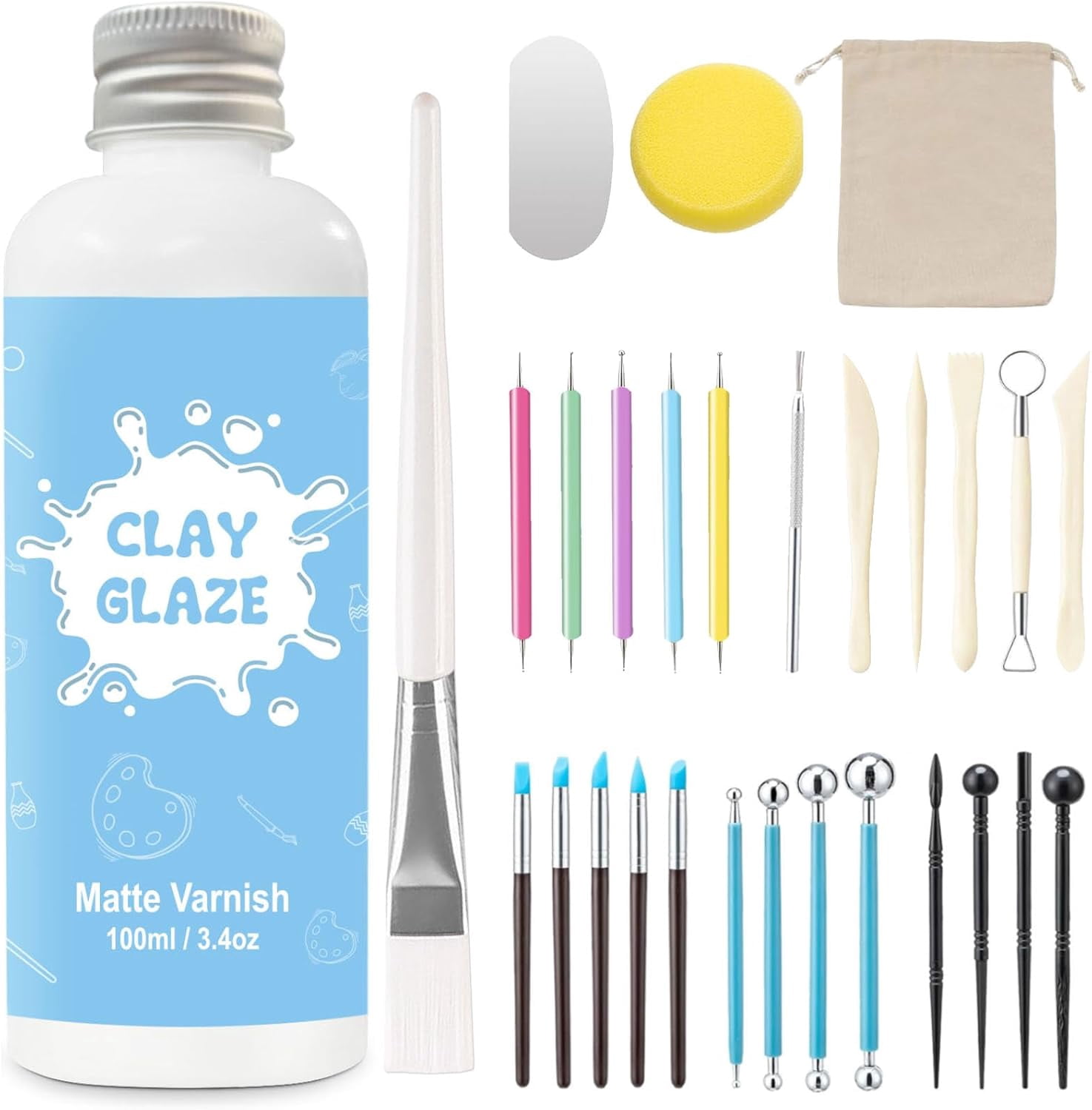 100ml Air Dry Clay Glaze and 29pcs Clay tools kit, Matte Clay Varnish Protects Clay from Surface Wear, Pottery Tools Can be Used for Stippling, Carving, Molding, and Shaping Clay Crafts(Matte)