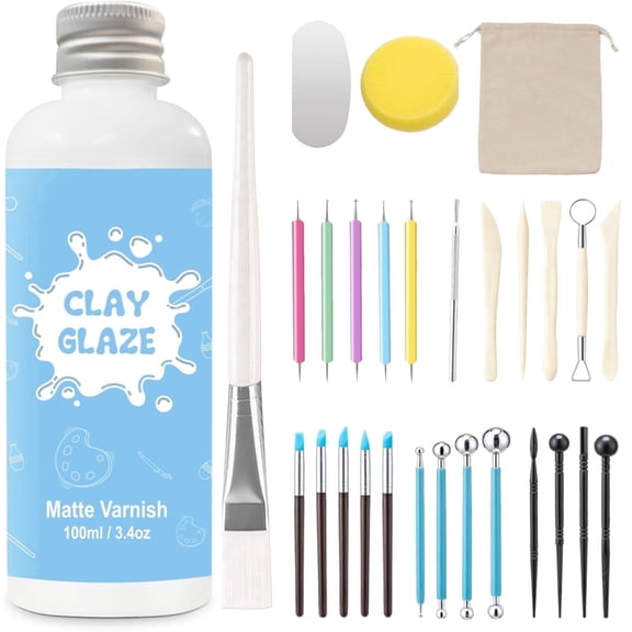 100ml Air Dry Clay Glaze and 29pcs Clay tools kit, Matte Clay Varnish Protects Clay from Surface Wear, Pottery Tools Can be Used for Stippling, Carving, Molding, and Shaping Clay Crafts(Matte)