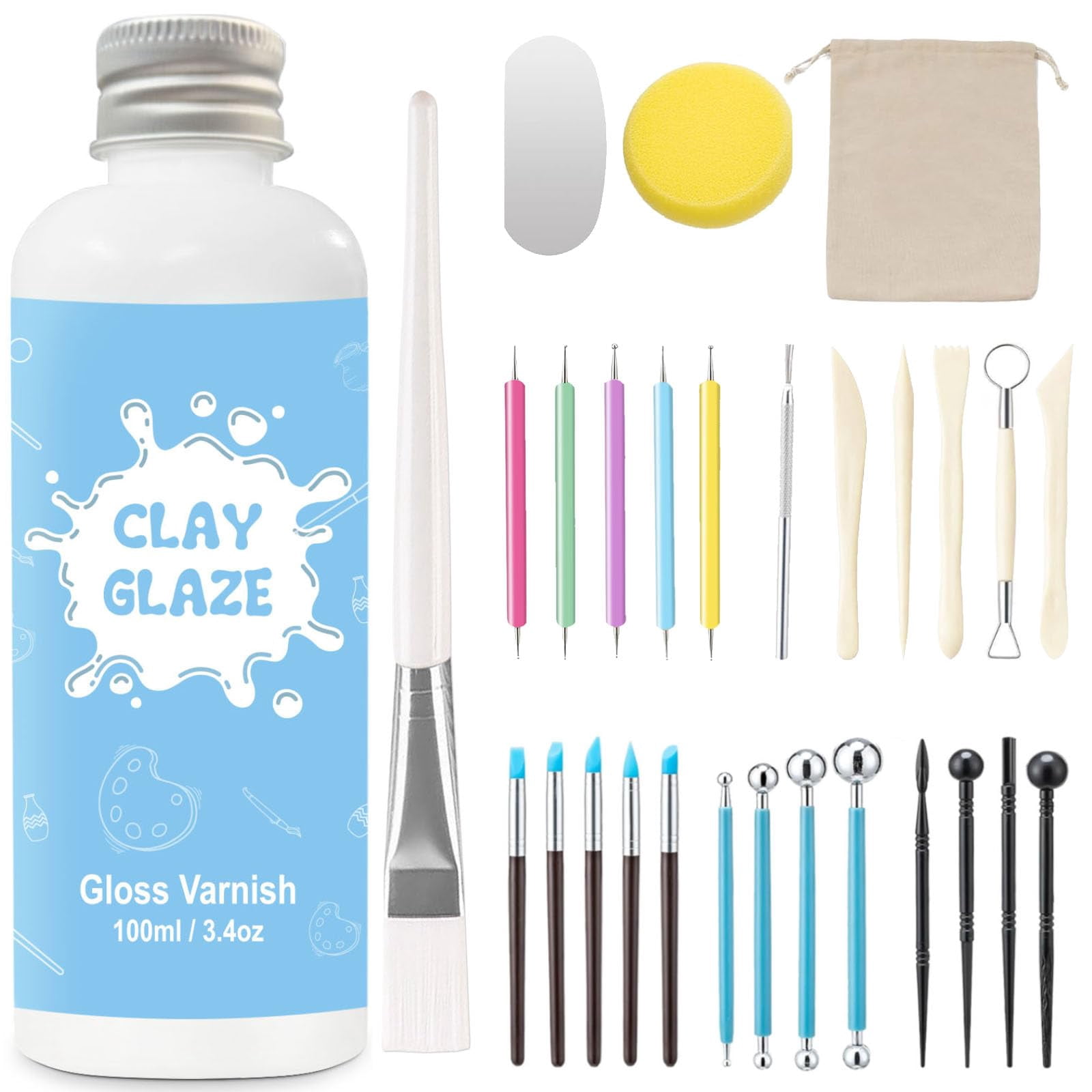 100ml Air Dry Clay Glaze And 29pcs Tools Kit  Gloss Varnish Protects From Surface Wear Pottery Can Be For Stippling Carving Molding Shaping Crafts(gloss)