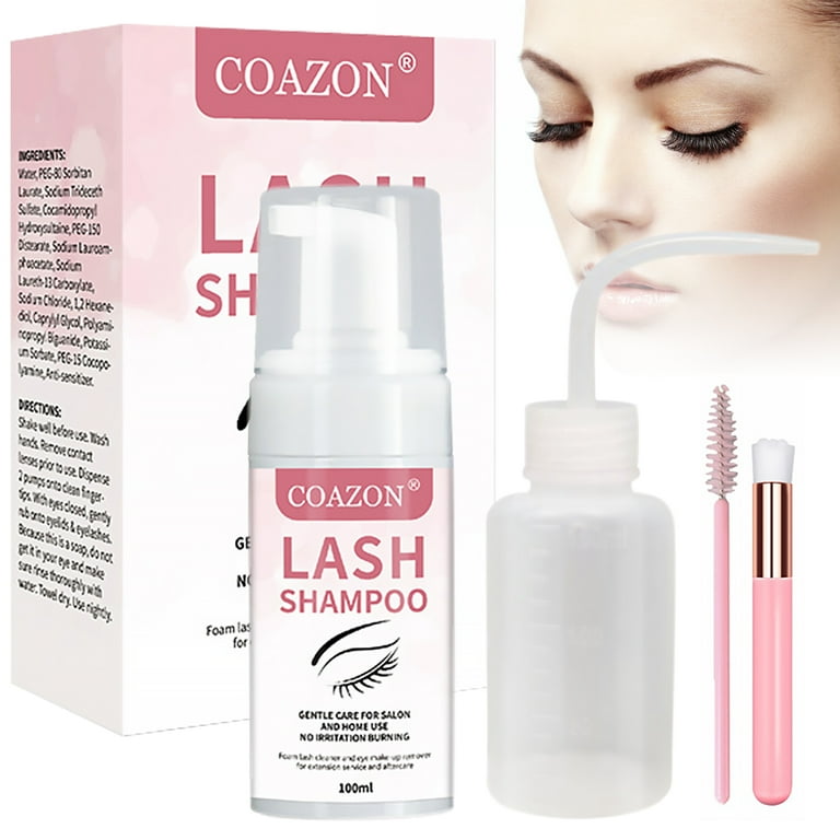 100ml Eyelash Extension Cleanser Lash Shampoo with Brush and Rinse Bottle Mild Eyelash Shampoo for Lash Extensions Sulfate Free Lash Cleanser for